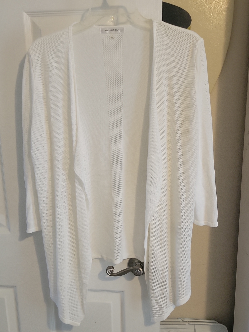 august silk SzLg White Open-Front Mesh Multi length Knit Cardigan